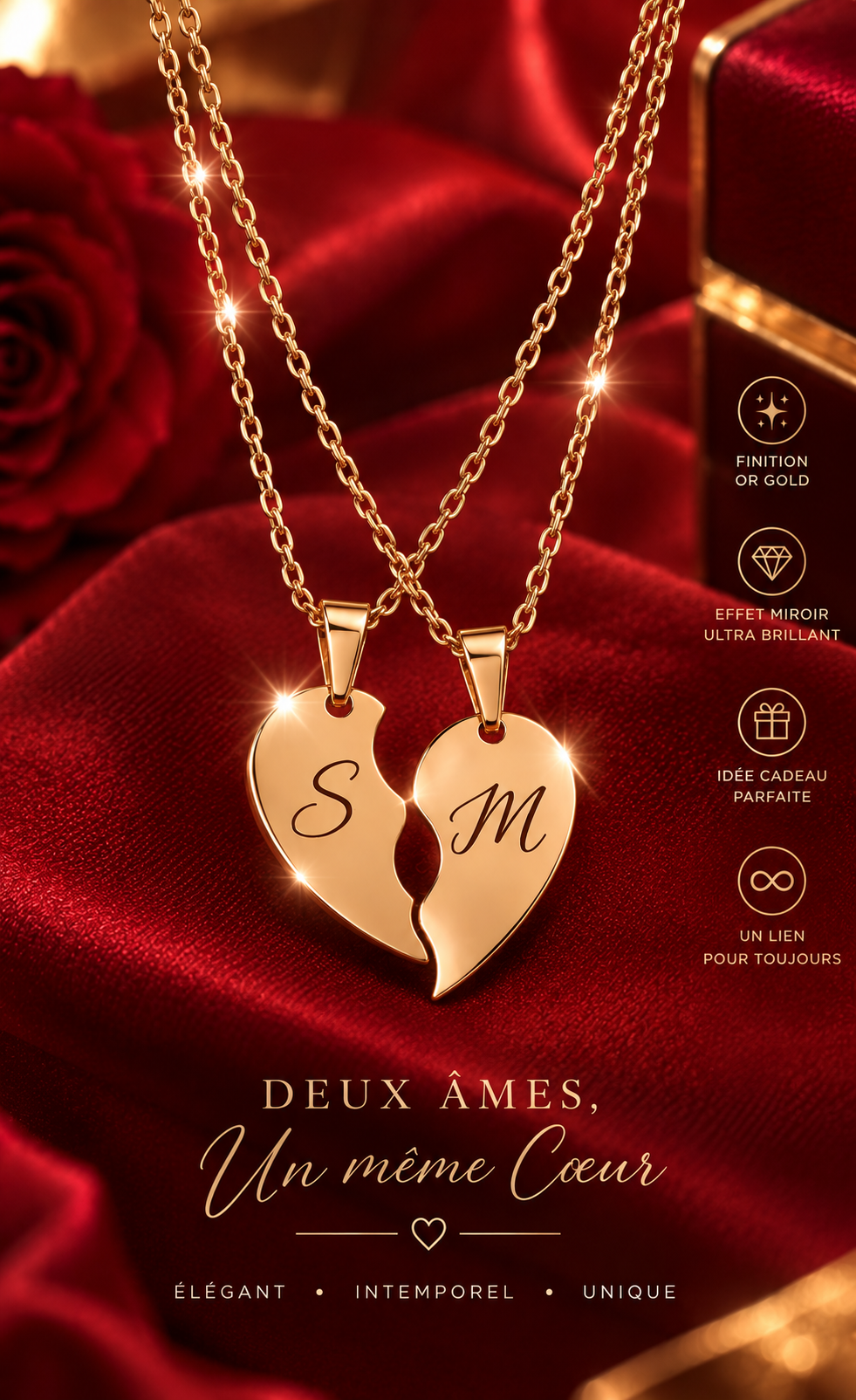 Colliers Demi Coeur OR / OR ROSE / ARGENT finition , en acier Inoxydable