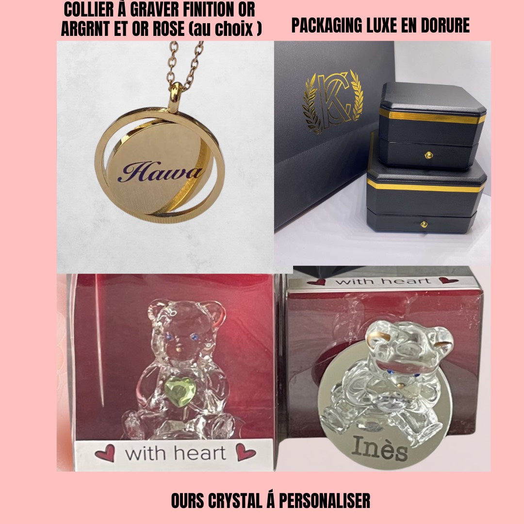BOX Cadeau ( BOX medium) Médaillon Personnalisé + Ours en Crystal Personnalisé