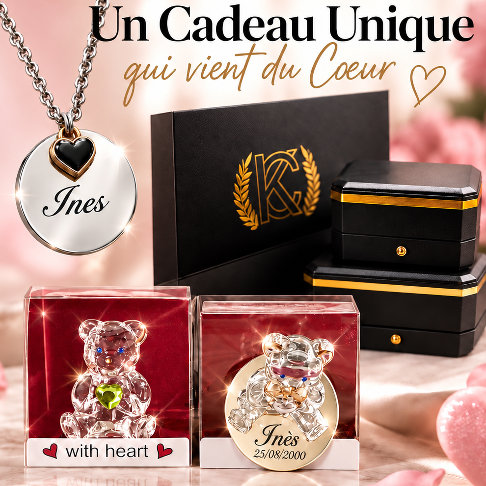 BOX Cadeaux (M)  Collier gravé (au choix ) + Ours en Crystal gravé
