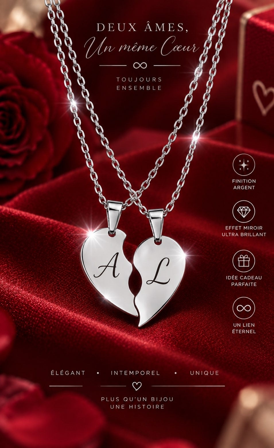 Colliers Demi Coeur OR / OR ROSE / ARGENT finition , en acier Inoxydable