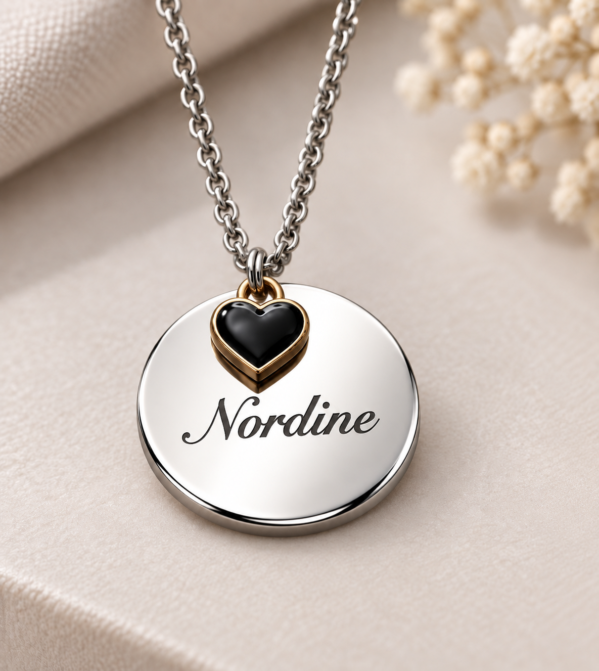 Collier OR finition, en Acier Inoxydable , Petit coeur noir ( gravé et personnalisé )