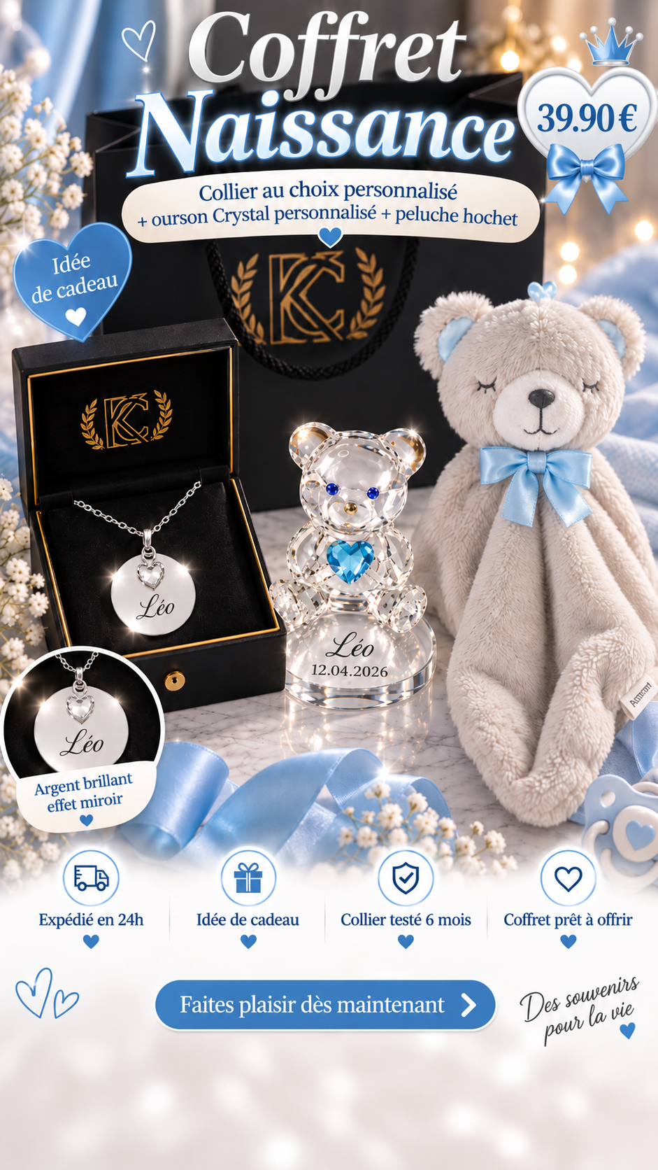 BOX Naissance Garçon  (L)  Collier gravé (au choix ) + Ours en Crystal gravé + Peluche hochet ourson naissance
