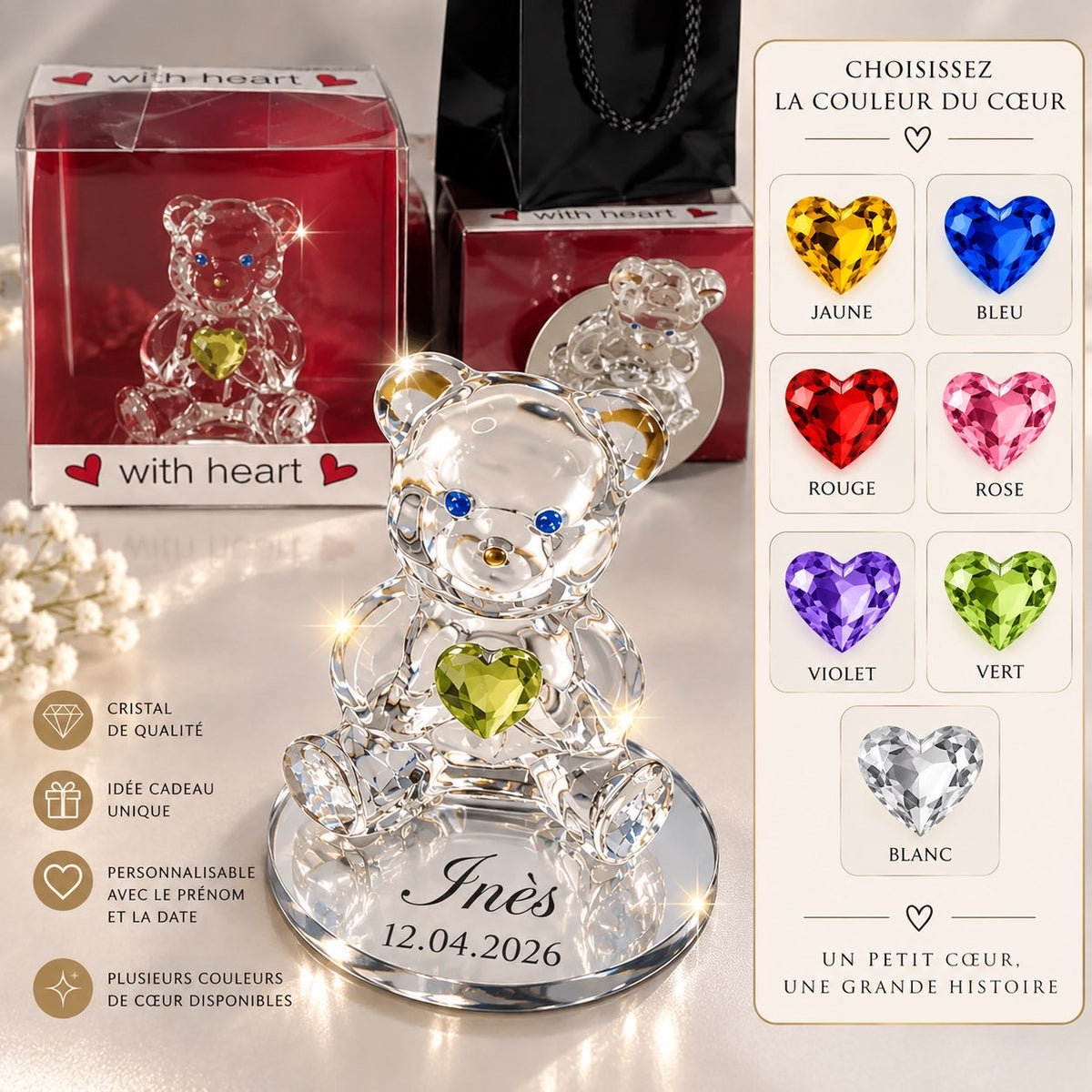 BOX Naissance Garçon  (L)  Collier gravé (au choix ) + Ours en Crystal gravé + Peluche hochet ourson naissance