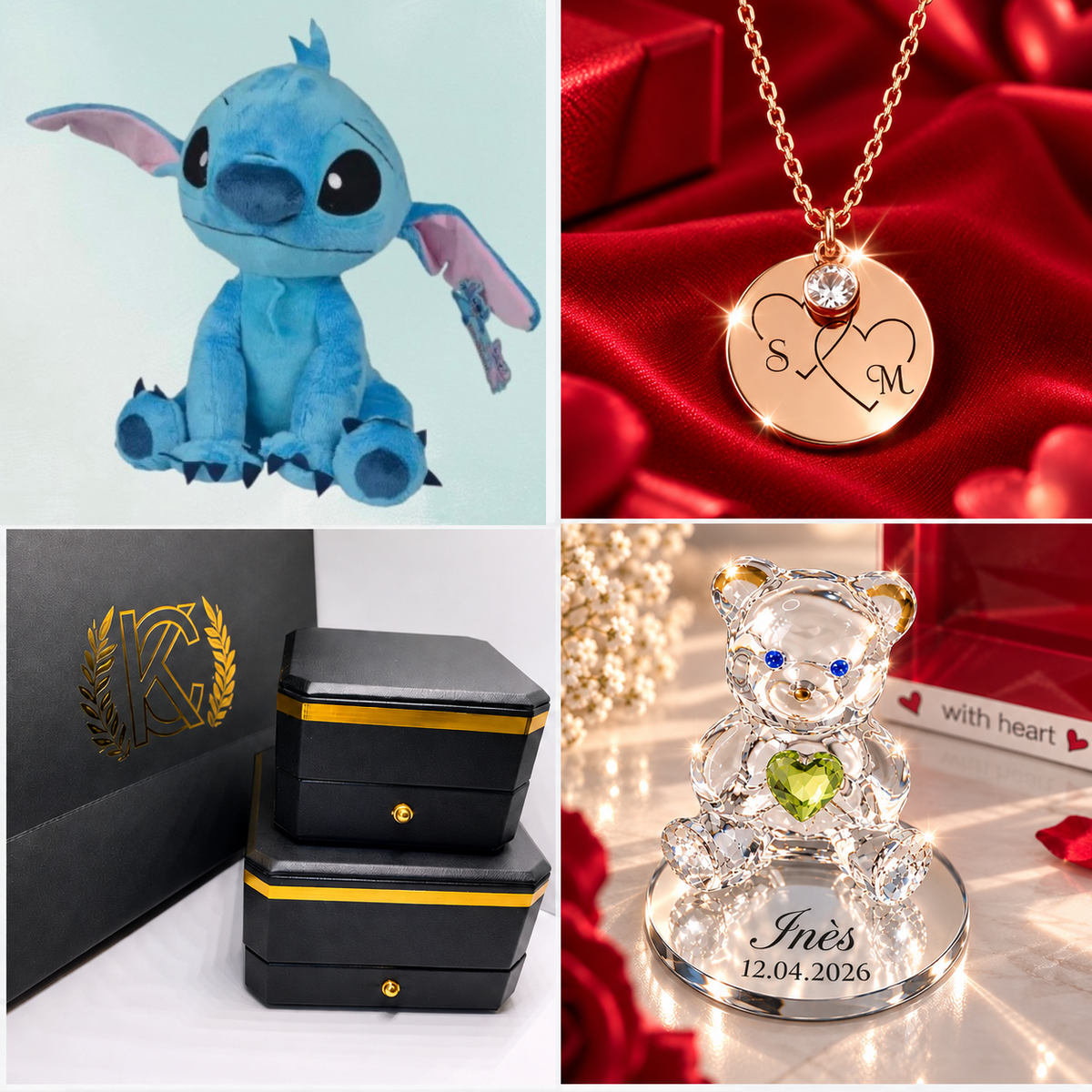 BOX 🎁 (L)  Peluche Disney (officielle)+ Collier gravé (au choix ) + Ours en Crystal ...