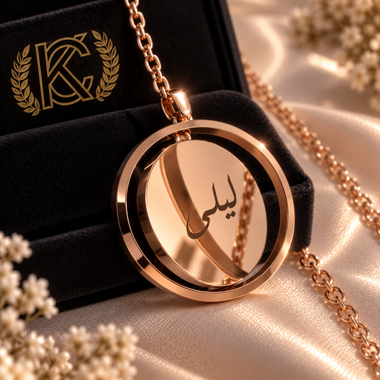 Collier Personnalisé OR ROSE finition , en Acier Inoxydable , Médaillon 360°