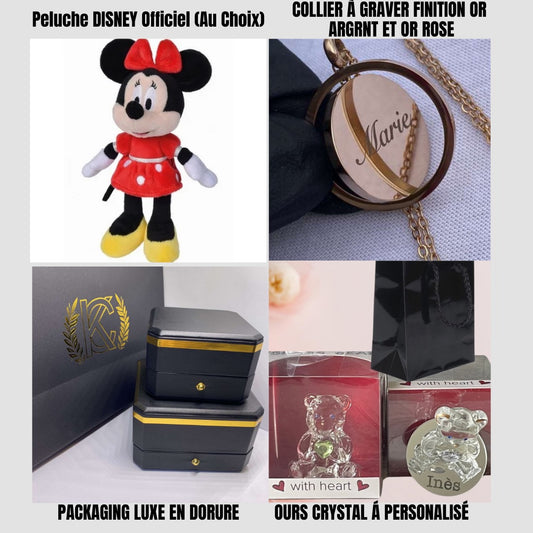 BOX Cadeau  (Grande BOX) Peluche Disney+ Médaillon personnalisé + Ours en Crysal ...