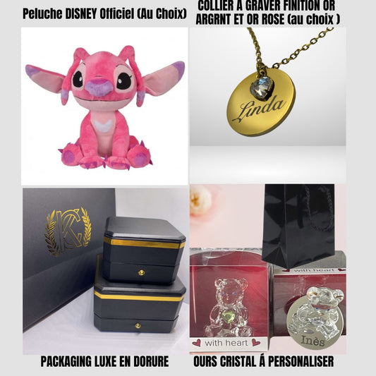 BOX Cadeau (Grande Box)  Peluche Disney+ Collier Personnalisé+ Ours en Crystal ...