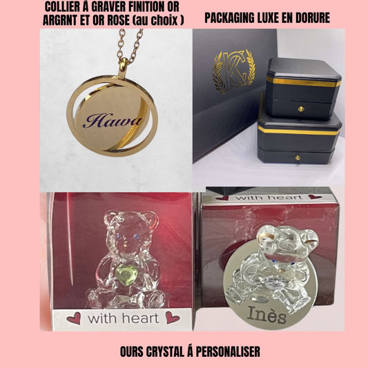 BOX Cadeau ( BOX medium)  Médaillon Personnalisé + Ours en Crystal Personnalisé