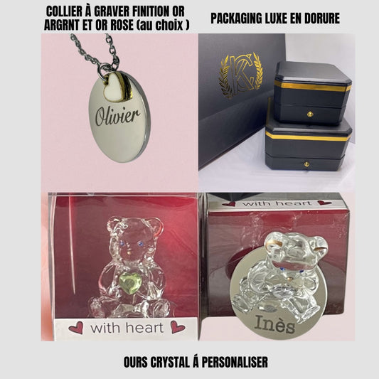 BOX Cadeau  ( BOX medium)  Collier Personnalisé + Ours en Crystal Personnalisé